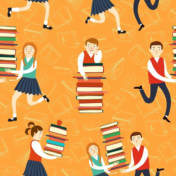 Lindos niños y niñas con libros — Vector de stock