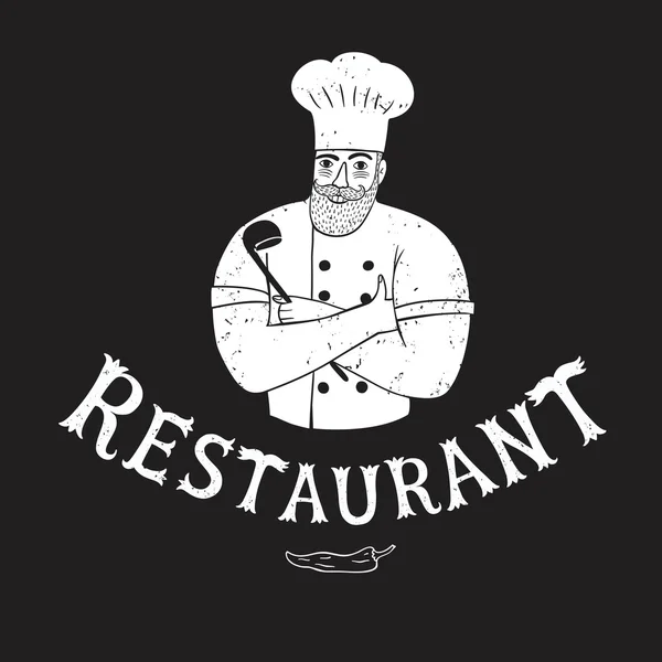 Dibujado a mano feliz jefe con logo del restaurante — Archivo Imágenes Vectoriales