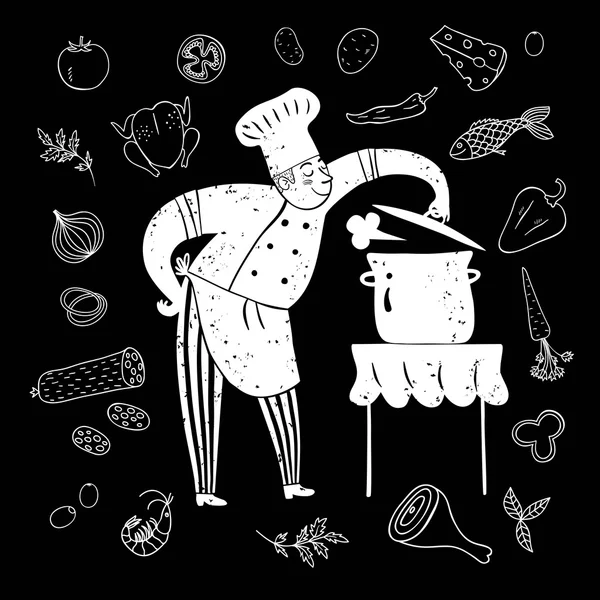 El çekilmiş mutlu Şef doodle yemek ile