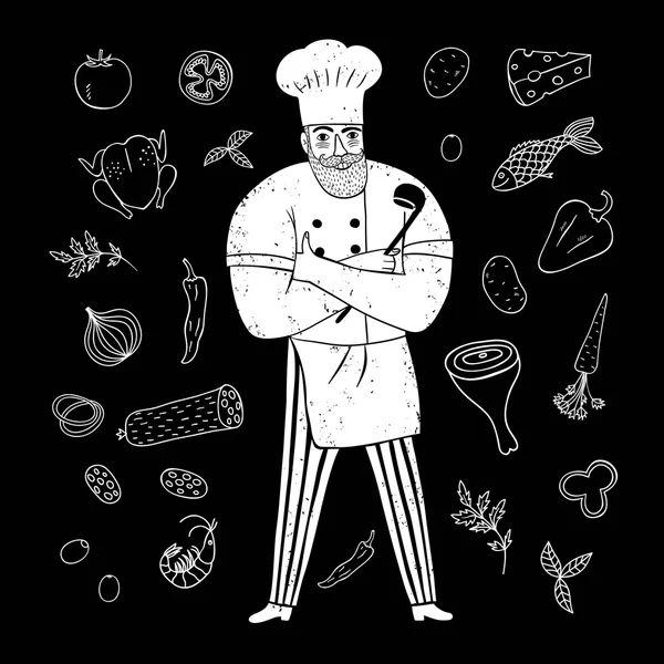 Chef heureux dessiné à la main avec repas doodle — Image vectorielle