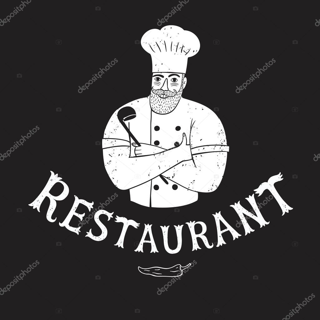 Grungy hand drawn bearded chief. Cool illustration with restaurant title for your design.