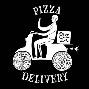 El çekilmiş mutlu motosikletçi pizza ile