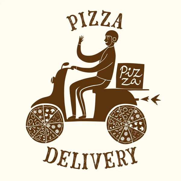 Motociclista felice disegnato a mano con pizza — Vettoriale Stock