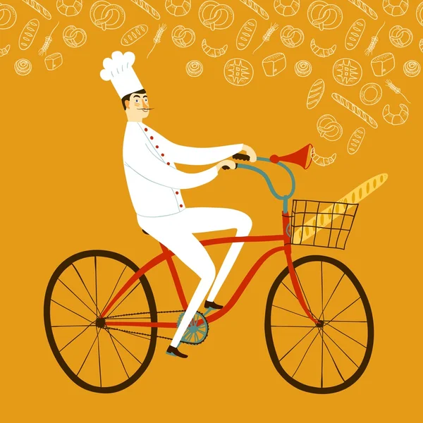 Cartoon capo panettiere con baguette in bicicletta — Vettoriale Stock