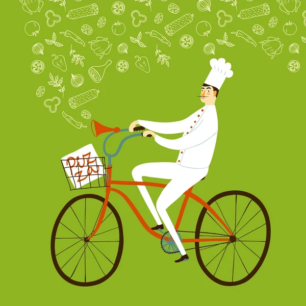 Panadero jefe de dibujos animados con baguette en bicicleta — Archivo Imágenes Vectoriales