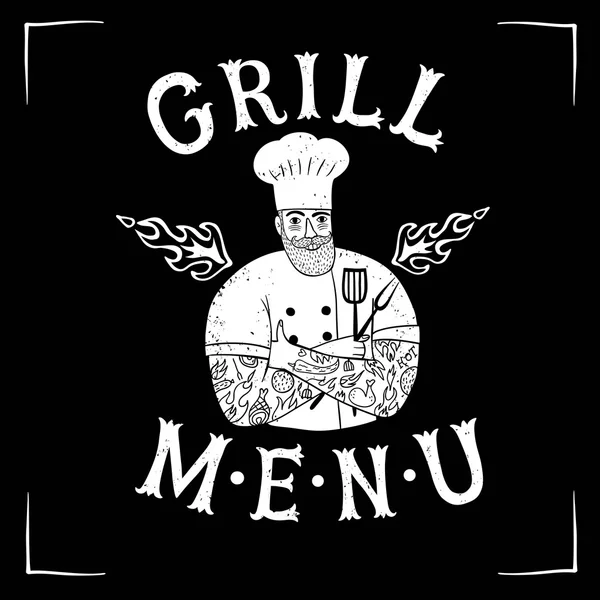 Chefe migty desenhado à mão com logotipo do restaurante —  Vetores de Stock