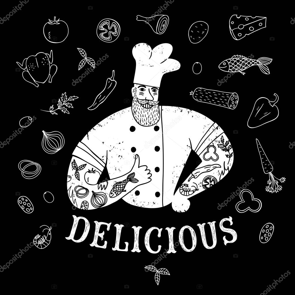 Grungy hand drawn bearded chief with tattoos and doodle food on background. Cool illustration with title for your design.