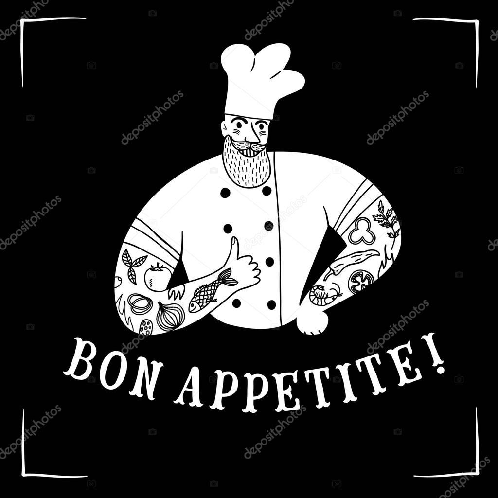 Hand drawn bearded chief with tattoos on blackboard background. Cool illustration with title for your design.