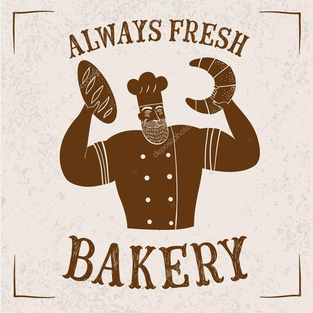Hand drawn bearded chief with bread on old wall background. Cool illustration with bakery title for your design.