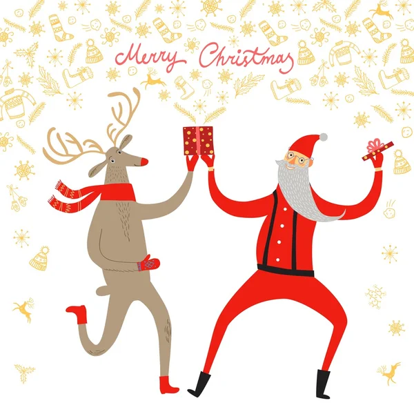 Tanzende Weihnachtsmänner und Hirsche — Stockvektor