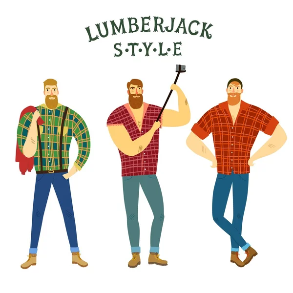 Set of cartoon fashionable  lumber-sexual men. — Stock Vector