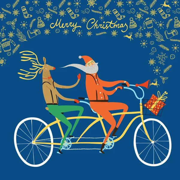 圣诞老人和驯鹿的骑自行车的人圣诞节图 — 图库矢量图片