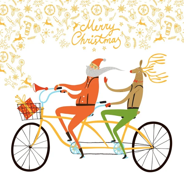 Santa Claus y ciclistas renos ilustración de Navidad — Vector de stock