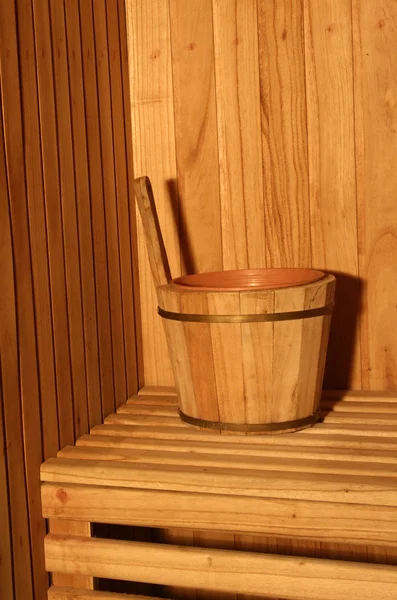Wooden bucket inside of finnish Sauna