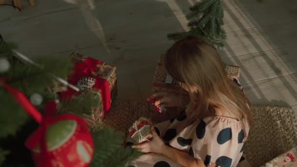 Criança Decora Árvore Natal Com Brinquedos — Vídeo de Stock