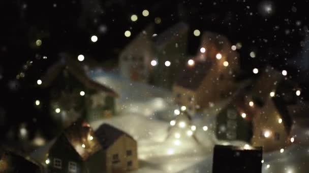 Bonita Miniatura Aldeia Decorativa Artesanal Véspera Natal Atmosfera Férias Pequenas — Vídeo de Stock