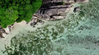 Genç bir çift şeffaf bir kanoda yüzüyor. Gerçek dışı güzelliğin suyu gök mavisi rengidir. Kuş bakışı görünüm.