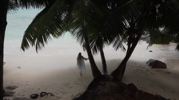 Красива Дівчина Входить Воду Щоб Плавати Пляж Нереальної Краси — стокове відео