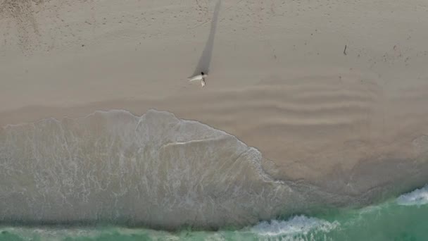 Молодая Пара Прогуливается Вдоль Побережья Океана Красивые Океанические Волны Приливают — стоковое видео