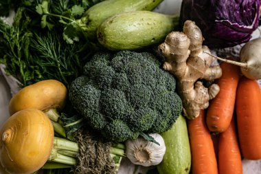 Yiyecek, sebze ve havuç. Şalgam, turp, brokoli, sarımsak, zencefil, dereotu, maydanoz, otlar. Sağlıklı yemek. Arka planda 