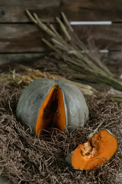 Pumpkin Hay Pumpkin Cut Dry Straw Wood Background Rustic Style Royalty Free Stock Images