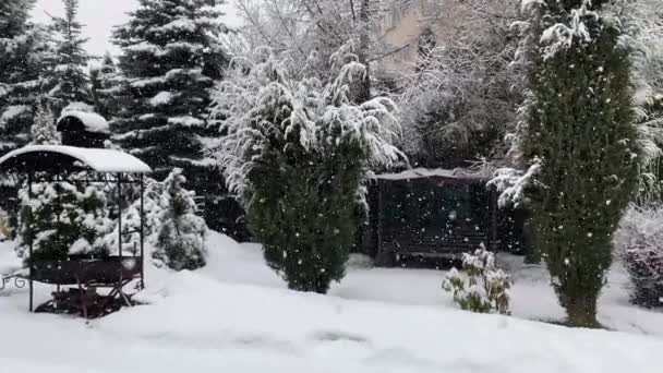 Βαρειά Χιονόπτωση Στην Αυλή Ενός Εξοχικού Σπιτιού Στο Φόντο Των — Αρχείο Βίντεο