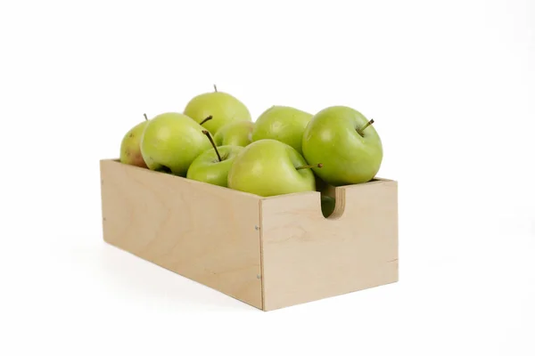 Green Red Apples Wood Box Isolated — Stock Photo, Image