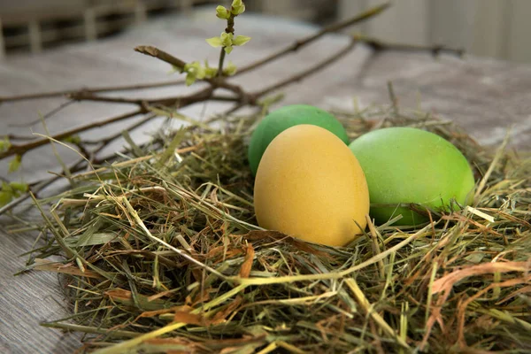 Drei Gefärbte Eier Strohgras Auf Der Tischplatte Und Zweige Mit — Stockfoto