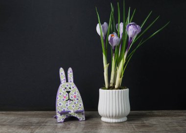 Tavşan ve çömlekteki timsahlar Paskalya 'da masanın üstünde duran telefon için dururlar.                               