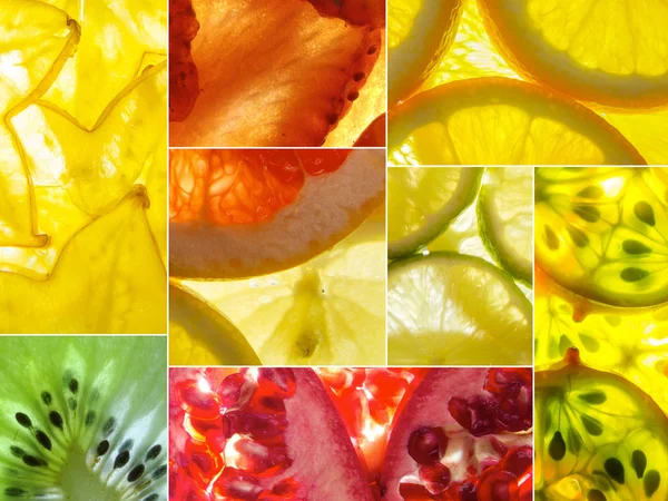 Geassorteerde collage van verlicht terug fruit plakjes — Stockfoto