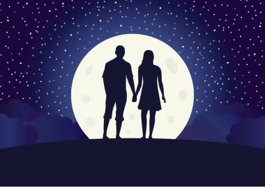 Gece manzarası. Ay. Gecenin ikisinde. Yıldızlar. Aşkım. Bir çift. Romantizm. Işık