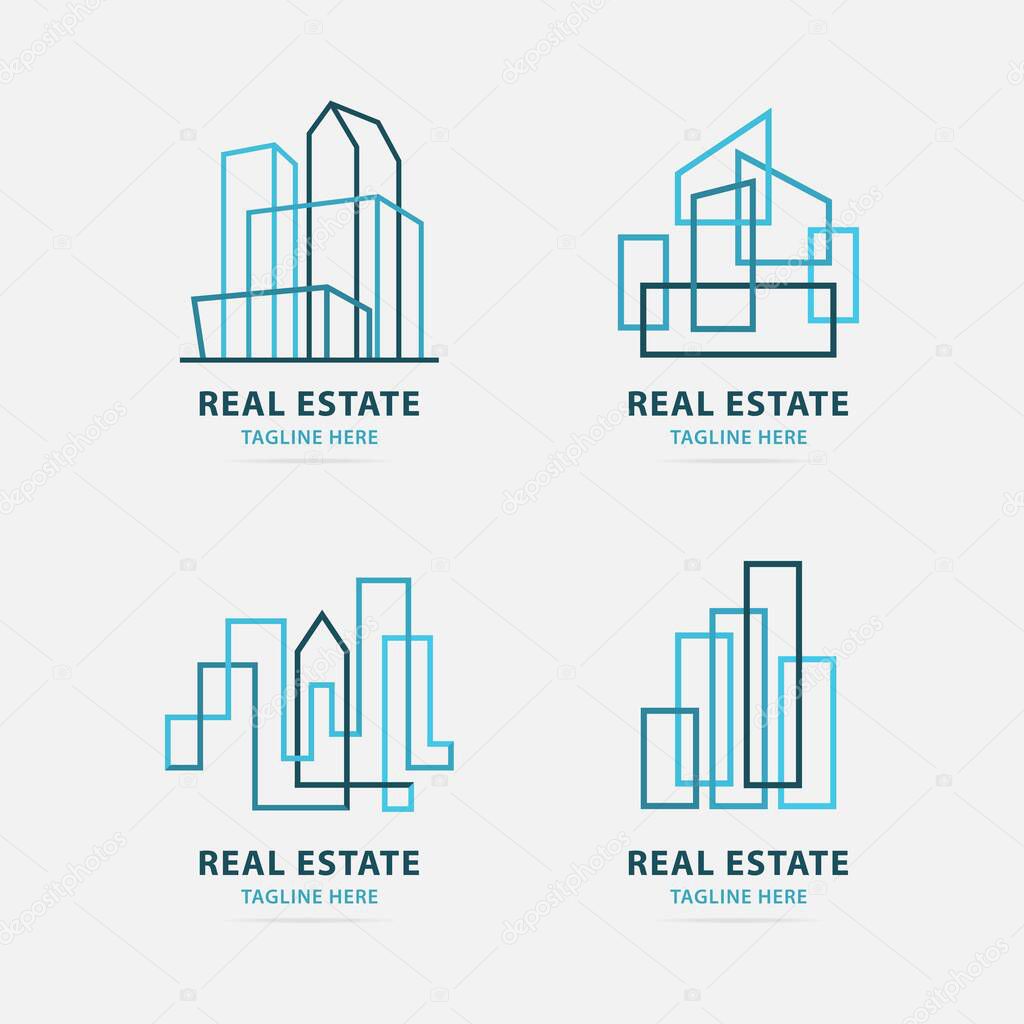 Real estate agency logo template. Abstract set Skyscraper sign. Icon building company. Graphic symbol architecture out of lines. Colorful creative design idea for logotype city. Vector illustration.