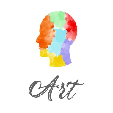 Soyut sanat suluboya silueti insan profili logosu. Renkli boyalı arka plan. Yaratıcı tasarım şablonu zihin, sembollü insanlar IQ, sanat terapisi, ikon beyni. Vektör illüstrasyon şirketi