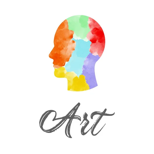 Soyut sanat suluboya silueti insan profili logosu. Renkli boyalı arka plan. Yaratıcı tasarım şablonu zihin, sembollü insanlar IQ, sanat terapisi, ikon beyni. Vektör illüstrasyon şirketi