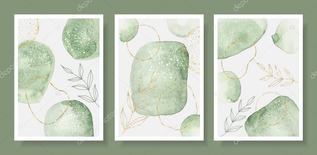 Abstract watercolor vector modern posters illustration hand drawn minimalist artwork background floral green shapes circles. Contemporary artist.Design decorative mid century covers, social media page