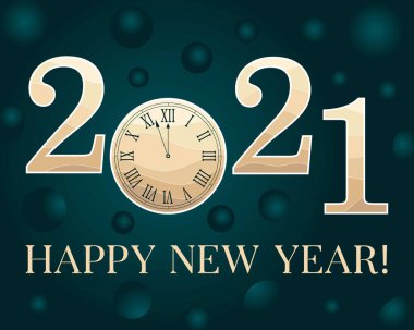 2021 Mutlu Yıllar Soyut vektör afişi ile koyu arkaplan üzerinde saat izleme şablonu. Kutlama tipografi posteri, afişi veya Mutlu Noeller ve mutlu yıllar için tebrik kartı tasarlayın.