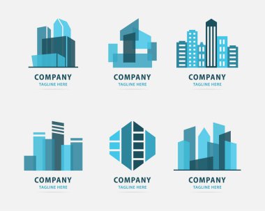 Emlak acentesinin logo şablonu. Soyut gökdelen işareti. Simge inşaat şirketi. Çizgilerin dışındaki grafiksel bir sembol. Logotype şehri için renkli yaratıcı tasarım fikri. Vektör illüstrasyonu.