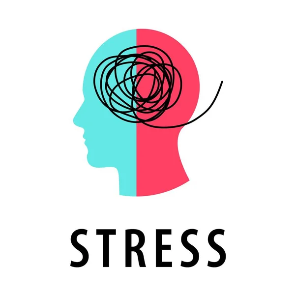 Simge, psikoterapi logosu, stres, depresyon, psikoz, kafa içi kriz. Kafası birbirine dolanmış bir sinir yumağıyla dolu bir adamın profili depresif bir insan halini simgeliyor. Psikolojik yardım. Vektör.