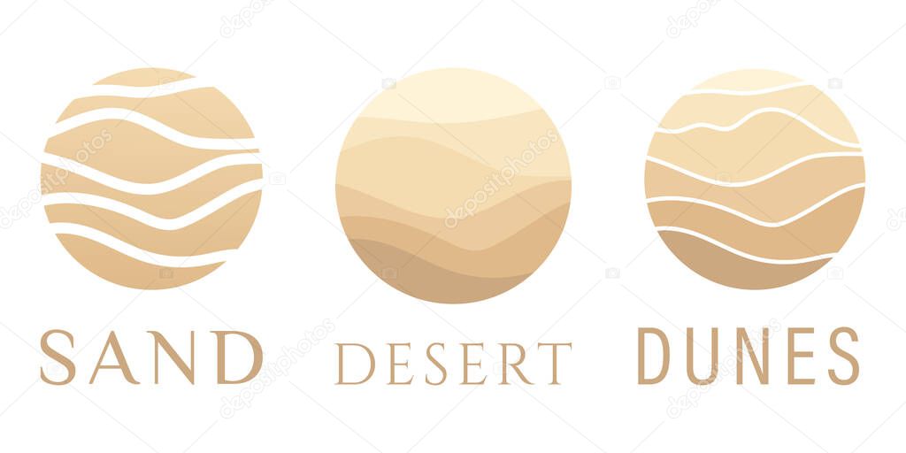 Sand, dunes, beach, desert abstract template logo pattern of wavy lines in beige color. Logo template, icon, badge, pictogram, symbol, sign for tourism, travel, hot places. Vector collection.