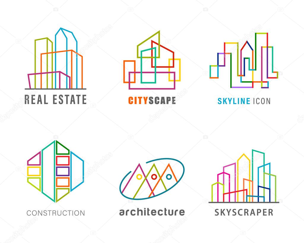 Skyscraper sign. Real estate agency abstract logo. Template logo, symbol, sign, icon architecture out of lines. Colorful creative design idea for logo. Graphic concept for building company. Vector.