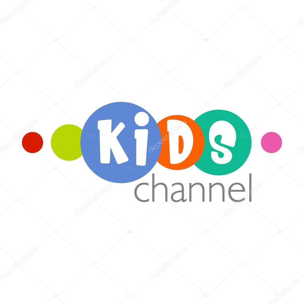 Vector image, logo of the word kids. Each letter is placed in multi-colored circles on a white background. Children's clothing store, toys store, children's area, kindergarten, school, kids zone.