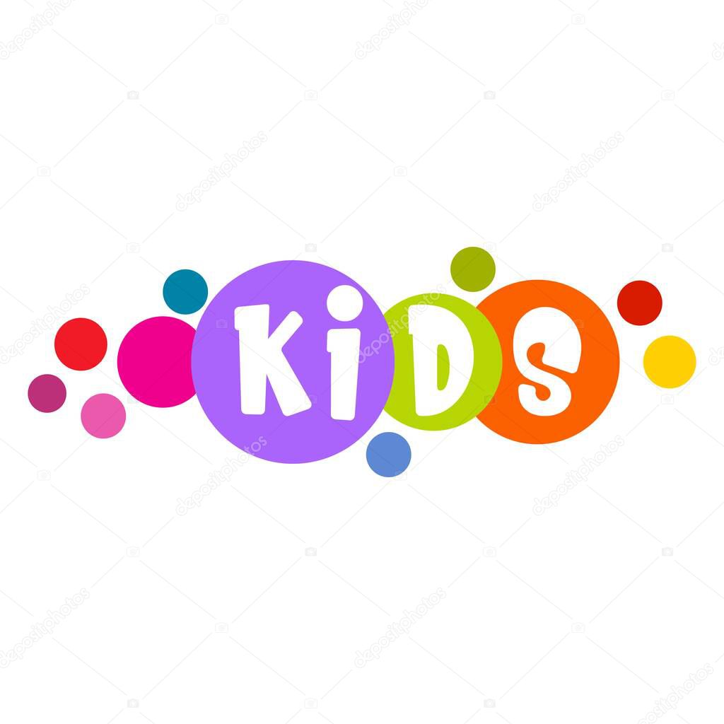 Vector image, logo of the word kids. Each letter is placed in multi-colored circles on a white background. Children's clothing store, toys store, children's area, kindergarten, school, kids zone.