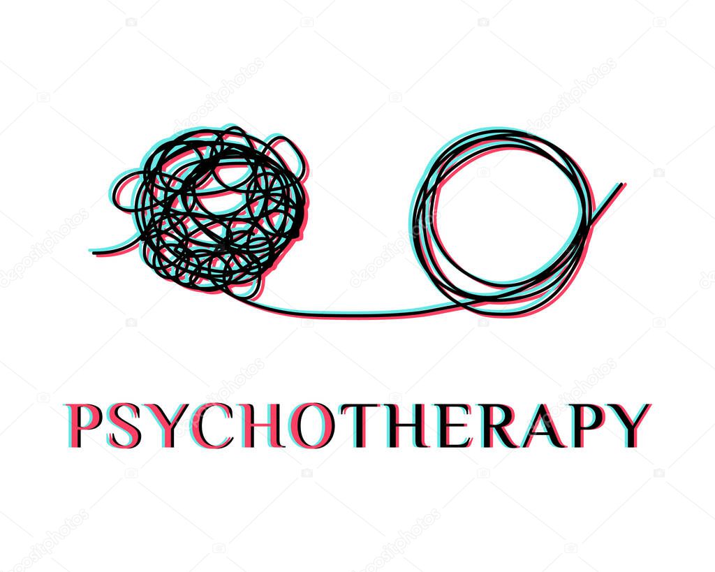 Icon, logo of psychotherapy, stress, depression, psychosis. A man's head in profile with a tangled ball of nerves, scribbles symbolizing a depressed state of a person. Psychological help. Vector.