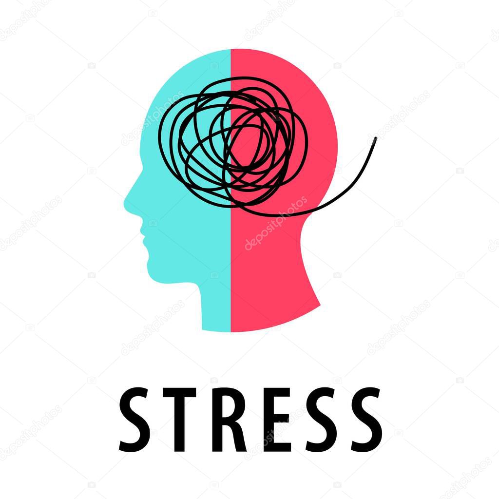 Icon, logo of psychotherapy, stress, depression, psychosis, crisis in head. A man's head in profile with a tangled ball of nerves, scribbles symbolizing a depressed state of a person. Psychological help. Vector.