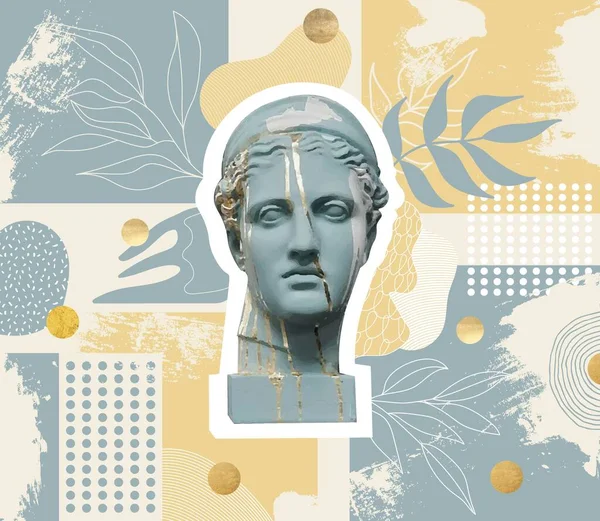 Abstraktes Digitales Collage Poster Blauer Kopf Diana Jäger Mit Gold — Stockvektor