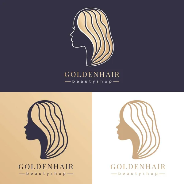 Vector abstract logo for beauty salon, hair salon, cosmetics, care. Icon template design of young beautiful woman with long groomed hair. Female beauty sign in gold color. Vector illustration.