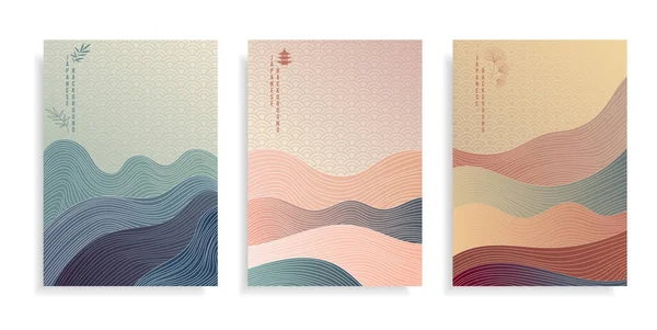 Arte Abstracto Fondo Japonés Puesta Del Sol Mar Con Línea — Vector de stock