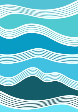 Soyut sanat posterleri arka planda mavi su deniz dalgaları, okyanus suyu ve sahil plajı. Pankart veya kart için şablon dokusu dalgaları. Logo ile metin çerçeveleri. Vektör sosyal medyayı, tekstil baskısını kapsıyor