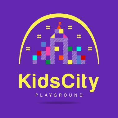 Çocuk bölgesi, çocuk şehri, oyun alanı soyut logosu. Renkli tabela, sembol, ikon, logo anaokulu, çocuk spor kulübü, spor kompleksi ve çocuk odası ve oyun alanı ekipmanları. Vektör resmi.