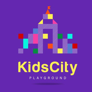 Çocuk bölgesi, çocuk şehri, oyun alanı soyut logosu. Renkli tabela, sembol, ikon, logo anaokulu, çocuk spor kulübü, spor kompleksi ve çocuk odası ve oyun alanı ekipmanları. Vektör resmi.
